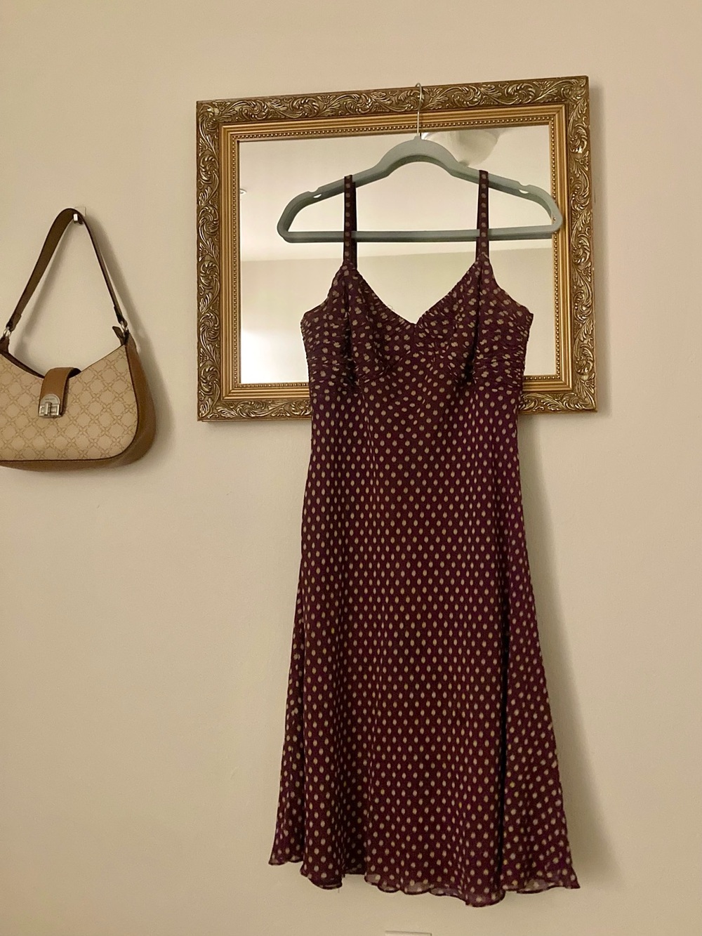 Ann Taylor Burgundy Slip Midi Dress with Beige Dot Print